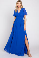 Royal Blue Chiffon Short Sleeve Wrap V-Neck Front Slit Maternity Maxi Dress