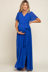 Royal Blue Chiffon Short Sleeve Wrap V-Neck Front Slit Maternity Maxi Dress