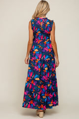 Multi-Color Print Smocked Ruffle Mock Neck Tiered Maternity Maxi Dress