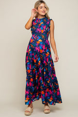 Multi-Color Print Smocked Ruffle Mock Neck Tiered Maternity Maxi Dress