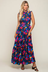 Multi-Color Print Smocked Ruffle Mock Neck Tiered Maxi Dress