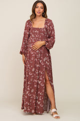 Burgundy Floral Smocked Side Slit Maternity Dress