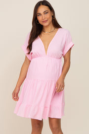 Pink V-Neck Tiered Cutout Back Maternity Dress