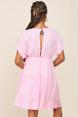 Pink V-Neck Tiered Cutout Back Dress