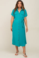 Emerald Green Button Up Front Pocket Maternity Midi Dress