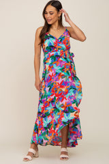 Royal Blue Floral Hi-Lo Maternity Wrap Maxi Dress