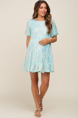 Aqua Sequin Short Sleeve Tiered Maternity Dress