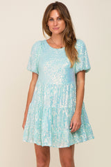 Aqua Sequin Short Sleeve Tiered Maternity Dress