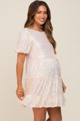 Cream Sequin Short Sleeve Tiered Maternity Dress