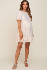 Cream Sequin Short Sleeve Tiered Maternity Dress