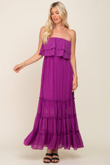 Purple Chiffon Strapless Ruffle Tiered Maxi Dress