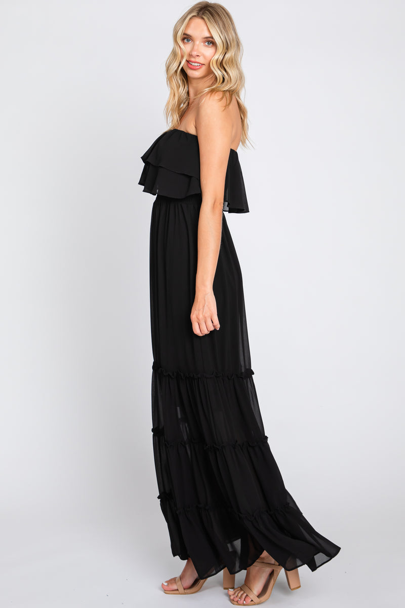 Black Chiffon Strapless Ruffle Tiered Maxi Dress – PinkBlush