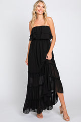 Black Chiffon Strapless Ruffle Tiered Maxi Dress