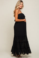 Black Chiffon Strapless Ruffle Tiered Maternity Maxi Dress