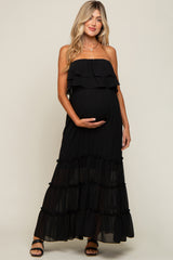 Black Chiffon Strapless Ruffle Tiered Maternity Maxi Dress