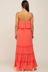 Coral Chiffon Strapless Ruffle Tiered Maternity Maxi Dress