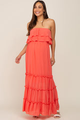 Coral Chiffon Strapless Ruffle Tiered Maternity Maxi Dress