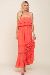 Coral Chiffon Strapless Ruffle Tiered Maternity Maxi Dress