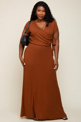 Rust Rubbed Wrapped Front V-Neck Plus Maxi Dress