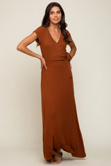 Rust Ribbed Wrapped Front V-Neck Maternity Maxi Dress