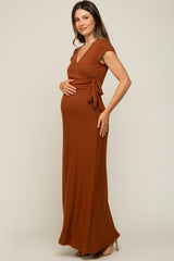 Rust Ribbed Wrapped Front V-Neck Maternity Maxi Dress