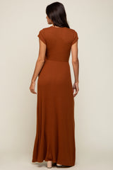 Rust Ribbed Wrapped Front V-Neck Maxi Dress