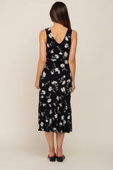 Black Floral Wrap Front V-Neck Ruffle Maternity Midi Dress