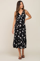 Black Floral Wrap Front V-Neck Ruffle Maternity Midi Dress