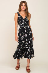 Black Floral Wrap Front V-Neck Ruffle Maternity Midi Dress