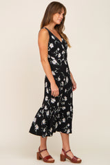 Black Floral Wrap Front V-Neck Ruffle Midi Dress