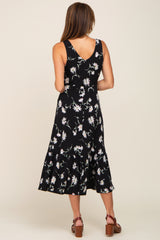 Black Floral Wrap Front V-Neck Ruffle Midi Dress