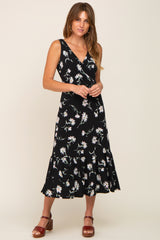 Black Floral Wrap Front V-Neck Ruffle Midi Dress