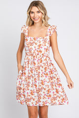 Ivory Leaf Print Ruffle Accent Dress