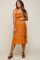 Camel Floral Shoulder Tie Smocked Maternity Midi Dress