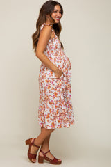 Ivory Floral Shoulder Tie Smocked Maternity Midi Dress