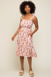 Ivory Floral Shoulder Tie Smocked Midi Dress