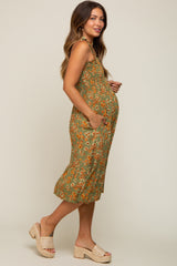 Olive Floral Shoulder Tie Smocked Maternity Midi Dress