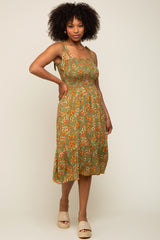 Olive Floral Shoulder Tie Smocked Midi Dress