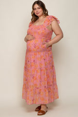 Pink Floral Ruffle Tiered Plus Maternity Maxi Dress