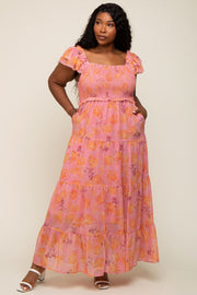 Pink Floral Ruffle Tiered Plus Maxi Dress