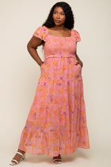 Pink Floral Ruffle Tiered Plus Maternity Maxi Dress