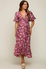 Burgundy Floral Deep V-Neck Puff Sleeve Maternity Maxi Dress