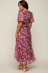 Burgundy Floral Deep V-Neck Puff Sleeve Maternity Maxi Dress