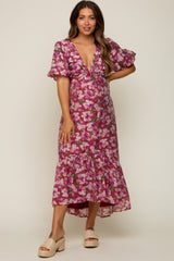 Burgundy Floral Deep V-Neck Puff Sleeve Maternity Maxi Dress