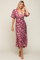 Burgundy Floral Deep V-Neck Puff Sleeve Maternity Maxi Dress