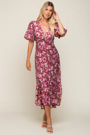 Burgundy Floral Deep V-Neck Puff Sleeve Maxi Dress