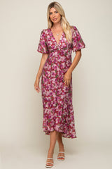 Burgundy Floral Deep V-Neck Puff Sleeve Maxi Dress