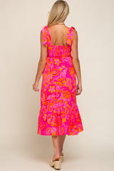 Orange Floral Shoulder Tie Maternity Midi Dress