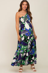 Green Printed One Shoulder Tiered Maternity Maxi Dress