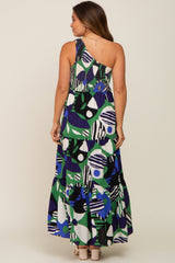 Green Printed One Shoulder Tiered Maternity Maxi Dress